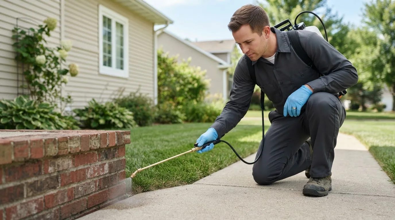 Pest control technician treating a home near Iota, LA